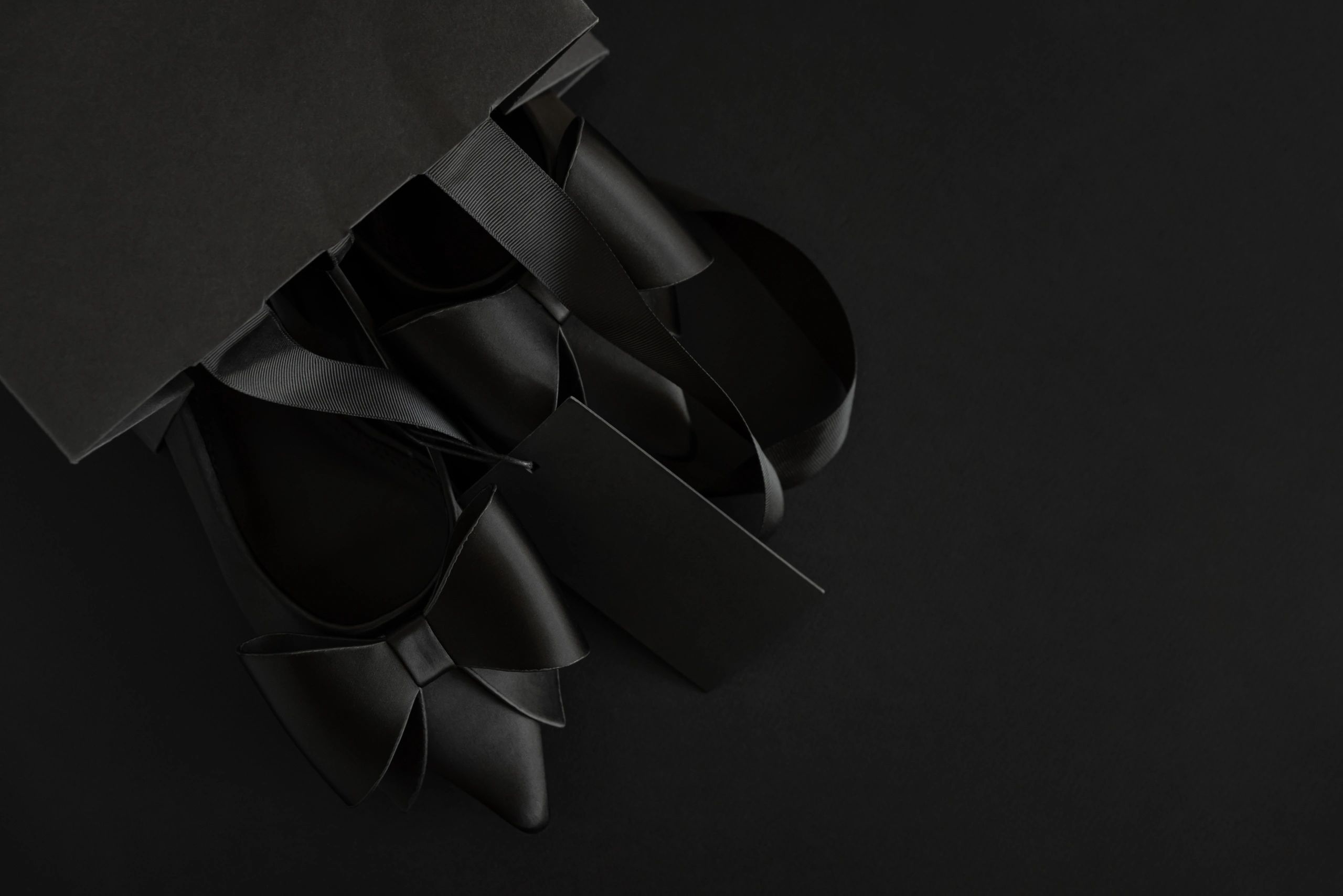 Black pointed-toe shoes with satin bows flat lay